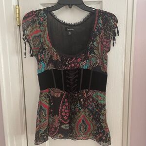 BEBE Peasant Top Black Velvet Waist